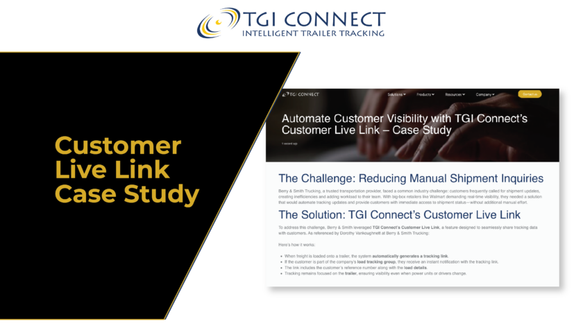 TGI Connect branded image showing a polygon shape on the left side, black, with gold text "Customer Live Link Case Study" with a screenshot image on the right side showing the blog as it appears on the website.
