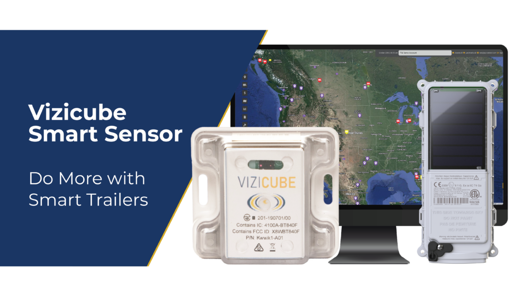 White cube-like object with the branding Vizicube, a computer screen with a satellite view map of North America, and a white cellphone sized GPS device. Blue branding on the left side of the image with the words Vizicube Smart Sensor, Do More with Smart Trailers written on it.