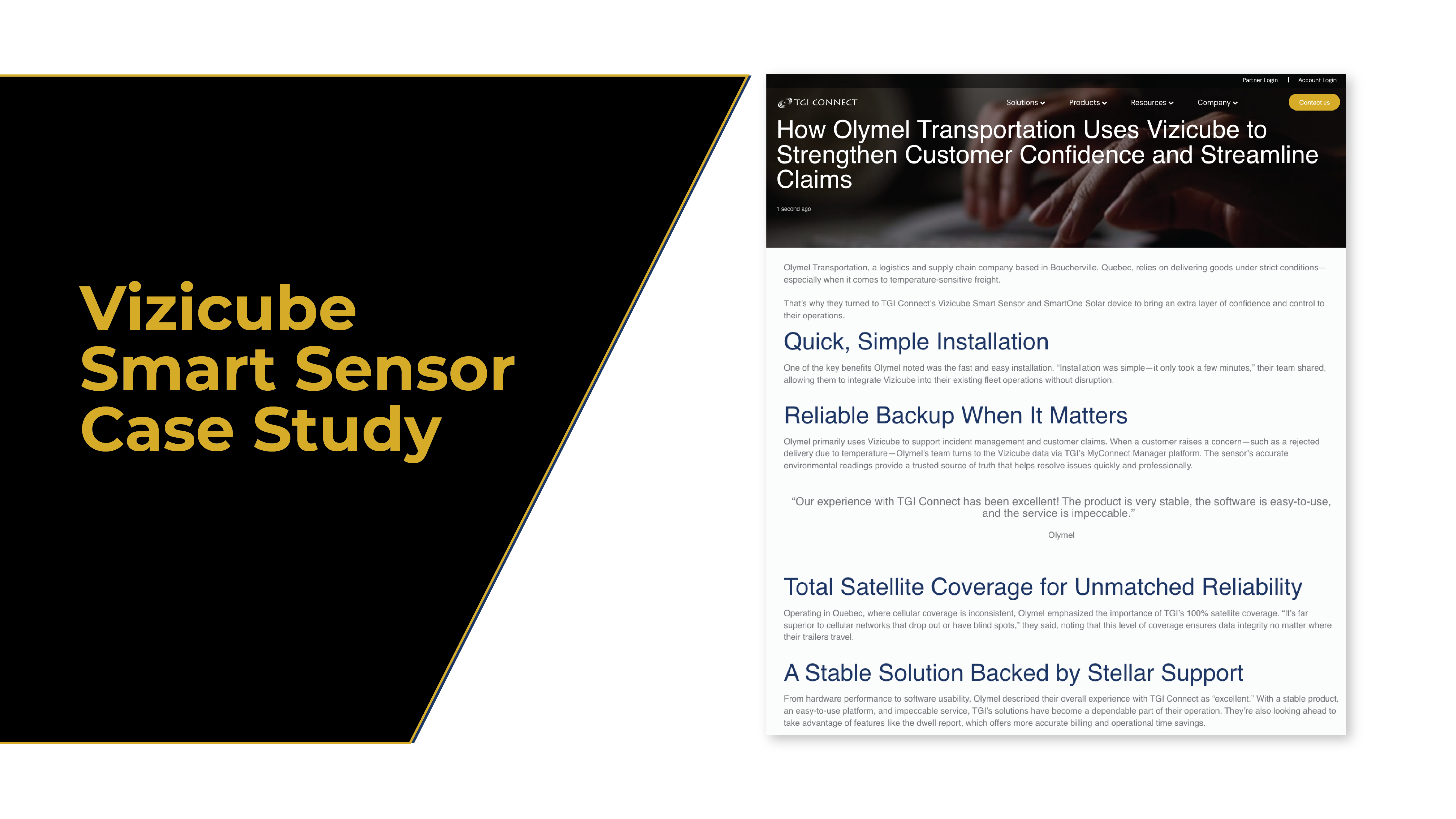 A designed title slide where the left side shows a polygonal graphic with some text over it which reads "Vizicube Smart Sensor Case Study" and an image on the right side of the graphic that displays the blog page with writing on it.