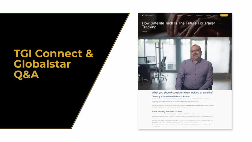 Graphic shape on the left side of the screen where "TGI Connect & Globalstar Q&A" is written with an image of the cover of the blog article is showing on the right side of the screen