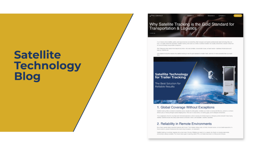 A graphic design on the left shows a yellow/gold color and the words "satellite technology blog" and an image on the right side of the contents of the blog with writing and imagery.