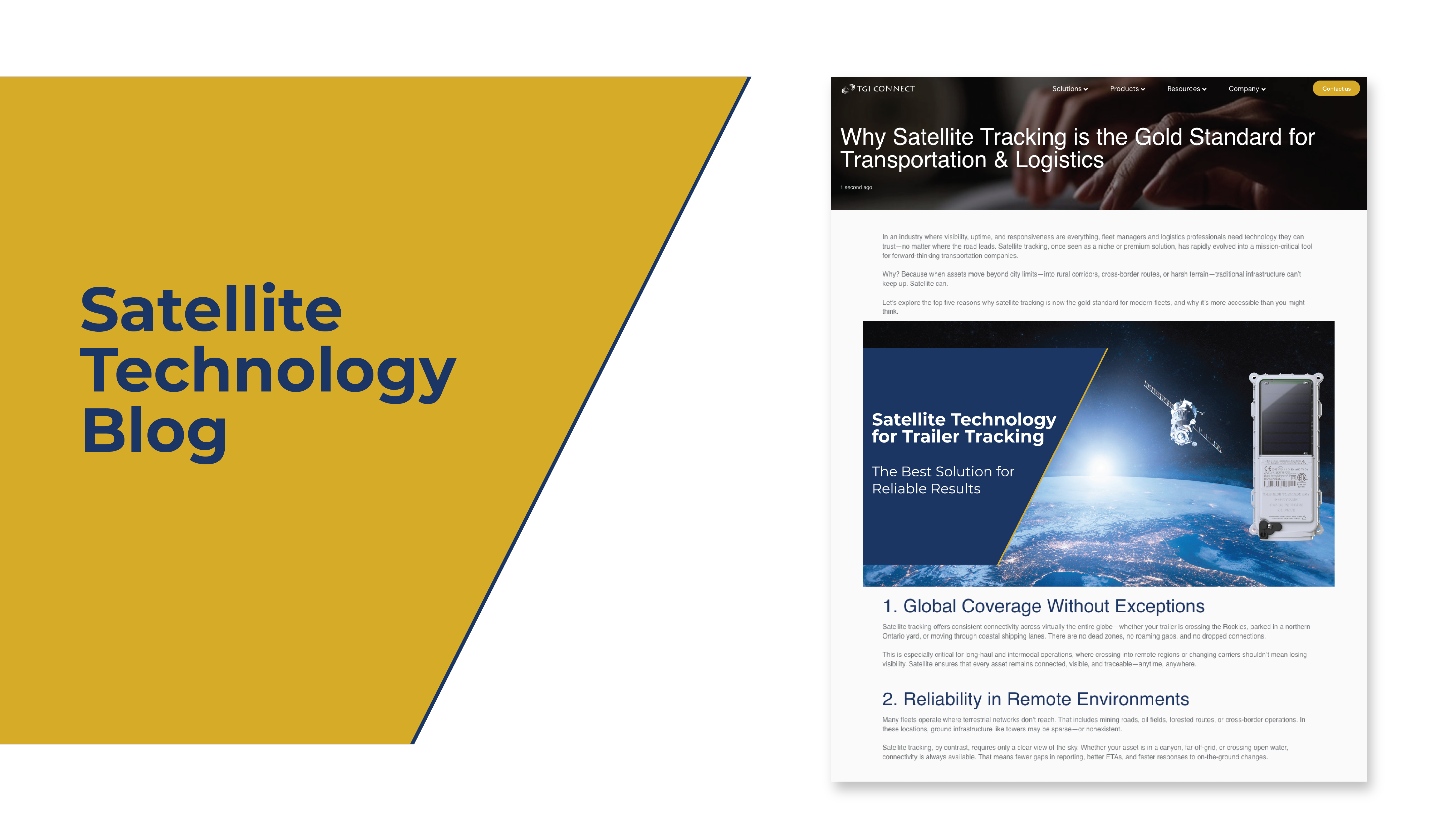 A graphic design on the left shows a yellow/gold color and the words "satellite technology blog" and an image on the right side of the contents of the blog with writing and imagery.