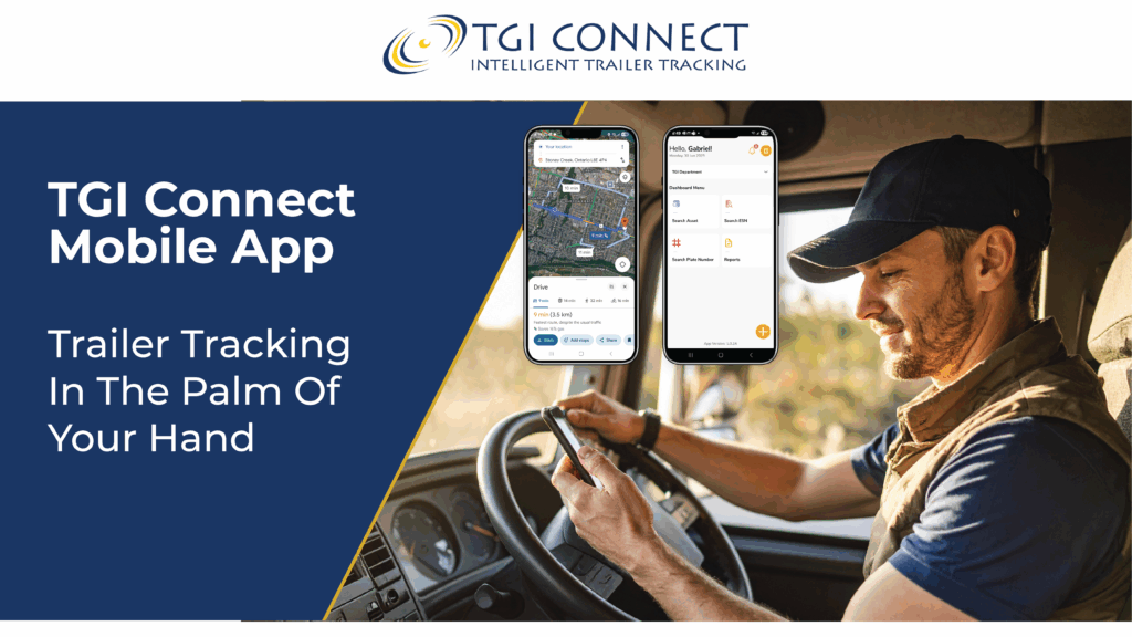 Image of a truck driver scrolling on their phone on the right side. A Description on the left saying "TGI Connect Mobile App"