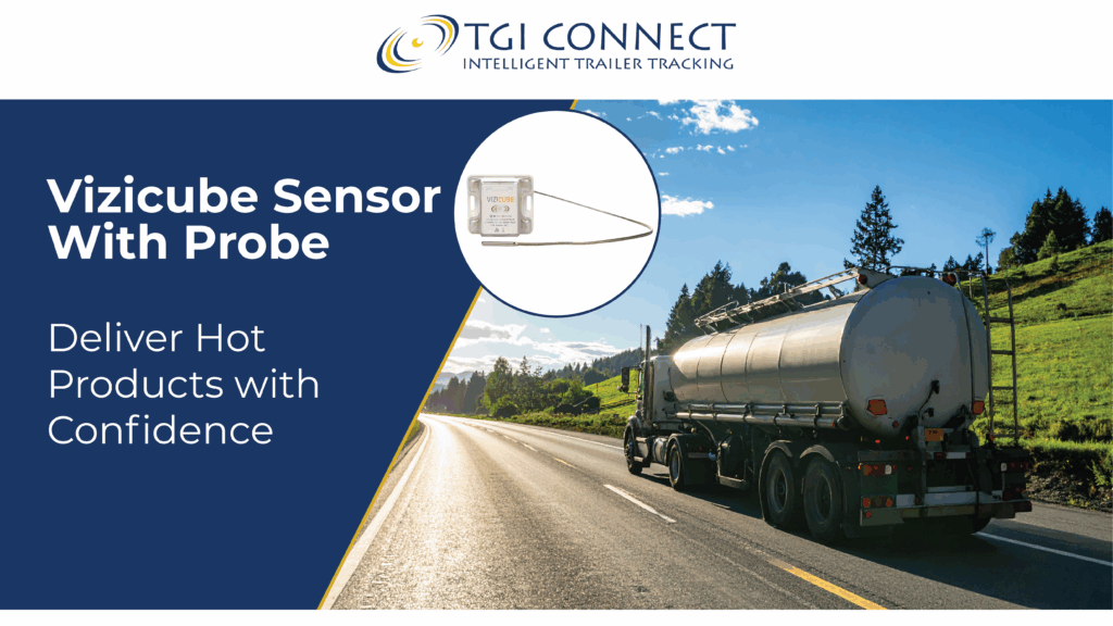 Image of a tanker truck driving away down a highway, a probe sensor inside a white circle and text on the left side of the screen.
